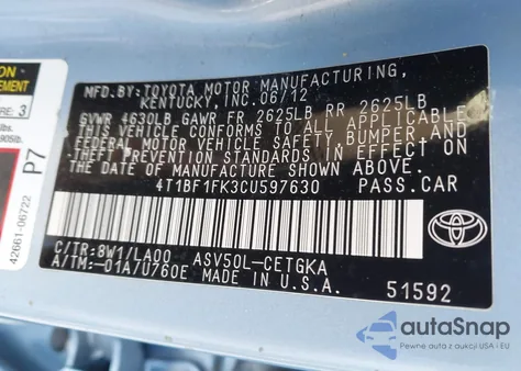 2012 Toyota Camry Xle from USA, damaged, VIN 4T1BF1FK3CU597630